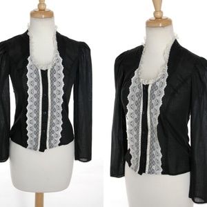 70s Vintage Romantic Victorian Blouse Black Lace S